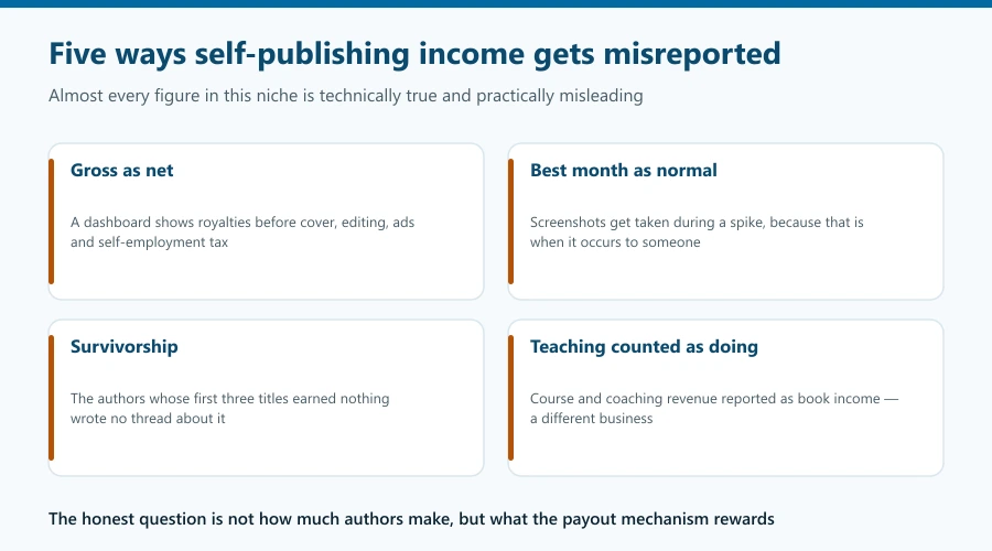 Five ways self-publishing income gets misreported: gross royalties shown as net, a spike month shown as normal, survivorship bias, and course revenue counted as book income